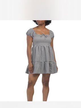 Gingham Puff-Sleeve Mini Dress - Black & White